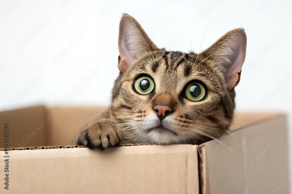 Curious tabby cat peeking from cardboard box Curious tabby cat peeking from cardboard box