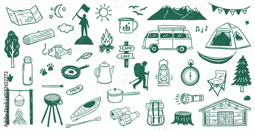 camping summer doodle hand drawn illustration - sketch collection set