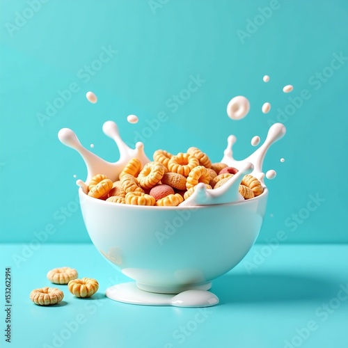 Blue bowl with cereal milk splash, Isolated breakfast scene on cyan background, Dairy food concept in vibrant photography, Splash motion adds visual energy, Clean composition with ample copy space