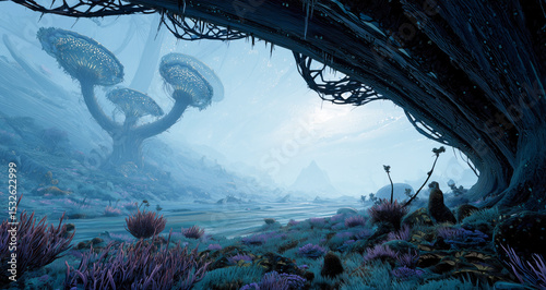 In a striking landscape, a bioengineer has designed artificial biotissue resembling unique flora. Lush vegetation and oversized mushroom-like structures contribute to this imaginative environment.