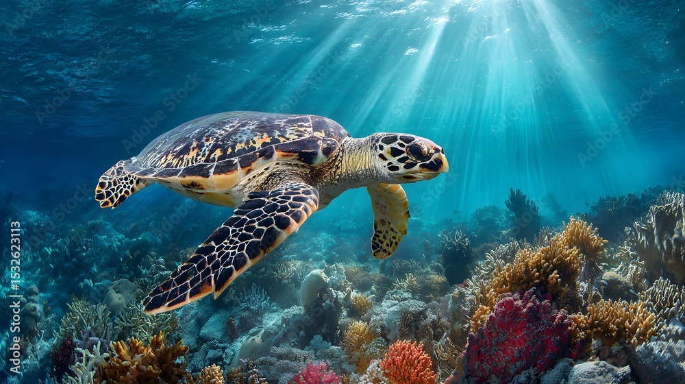 Fototapeta premium 4K Panormamic wide-angle shot of a hawksbill sea turtle