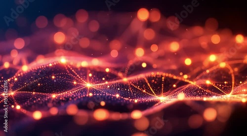 Digital particles flowing in a grid like pattern, slowly morphing into a dynamic network of glowing shapes