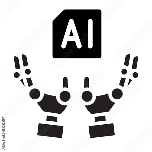 Two robotic hands holding AI icon, symbolizing collaborative AI systems and robotics.