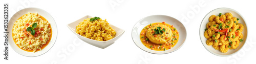 variety of Thai dishes served in white plates including fried rice, curry with vegetables, and stir-fried noodles isolated on transparent background