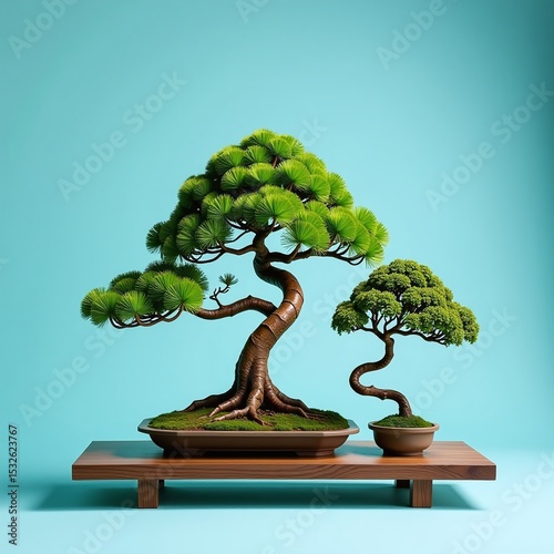 Minimalist zen bonsai tree, Peaceful Japanese decor style, Green plant with curved trunk, Elegant wooden tray setting, Natural indoor ornament