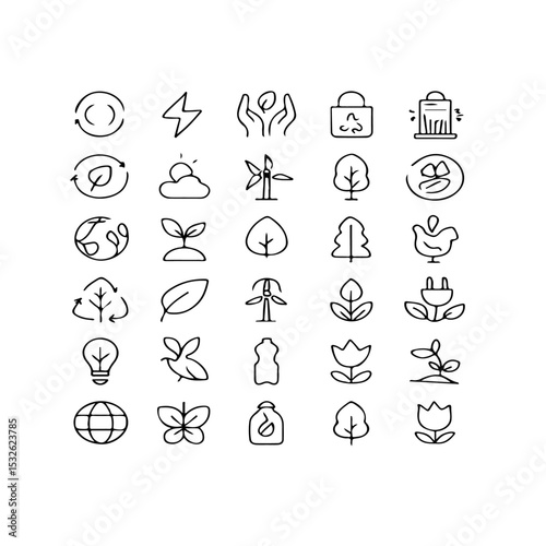 A collection of thirty minimalist line art icons representing ecology and environmental sustainability themes