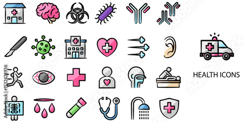 Health simple concept 24 hand drawn color icons set .Vector illustration.