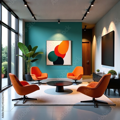 Orange black chairs arranged modernly, Abstract art adds vibrant focal point, Sunlight casts shadows through windows, Cyan background enhances minimalist style, Contemporary living area scene