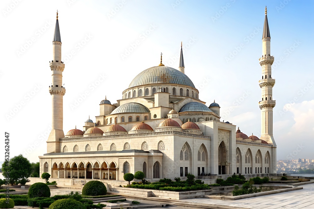 Fototapeta premium Majestic White Mosque Architecture Stunning Exterior Design Travel Destination