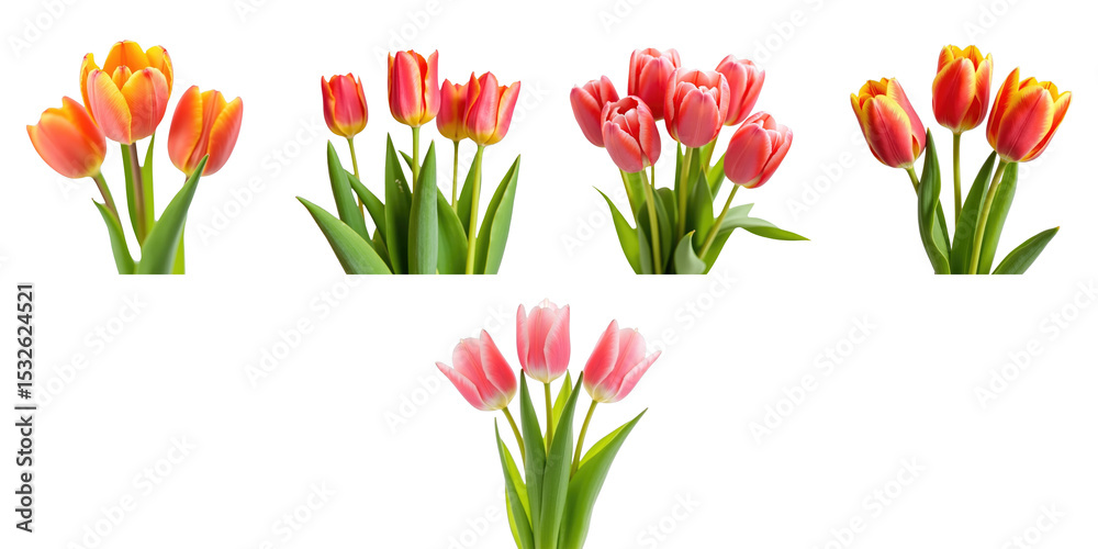 Obraz premium variety of colorful tulips with green leaves isolated on transparent background arranged in different positions and angles showcasing floral beauty and diversity