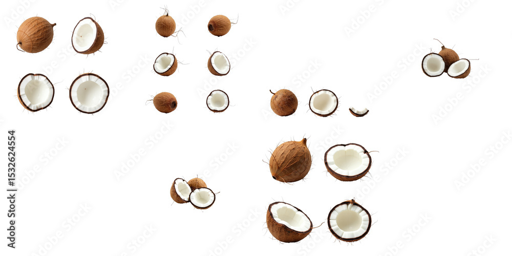 Obraz premium Collection of whole and halved coconuts displayed on a transparent background featuring a variety of angles showcasing the coconut shells and flesh interior details