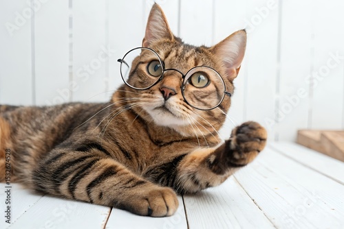 Cute tabby cat wearing round glasses on white wood