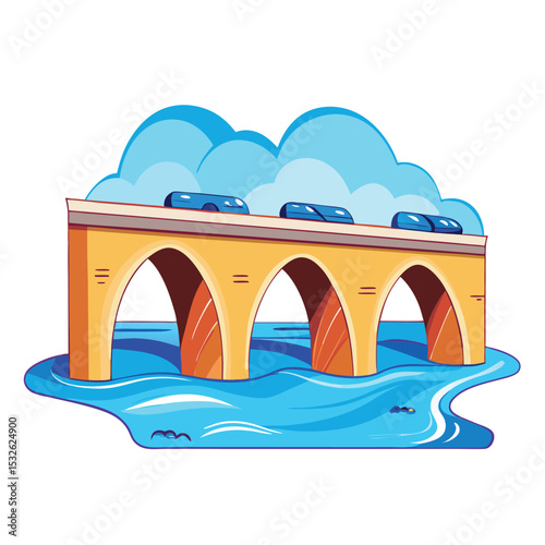 Cartoon bridge over river vector illustration featuring blue sky and decorative design elements