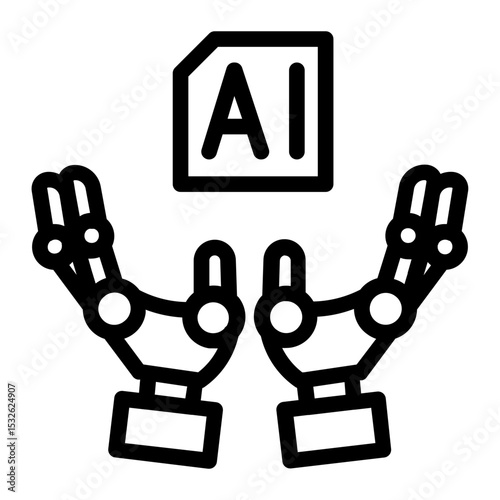 Two robotic hands holding AI icon, symbolizing collaborative AI systems and robotics.