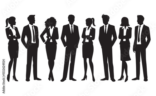Silhouettes of diverse professionals standing together in formal business attire for teamwork