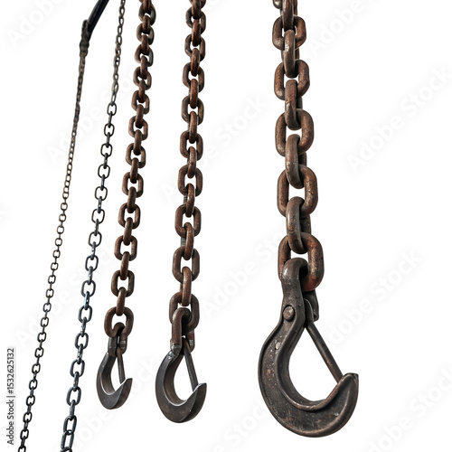 Three Heavy-Duty Metal Chains with Hooks, Varying in Size and Rust, on Transparent Background