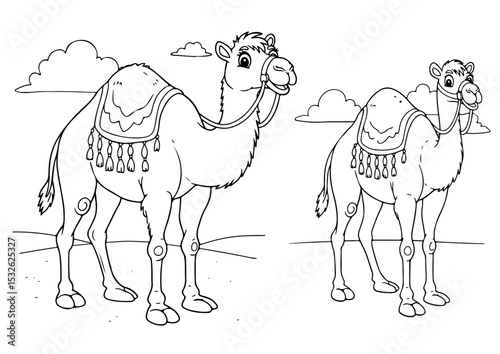 camel cartoon outline line art coloring page for adult childern kids, vector illustration, white background