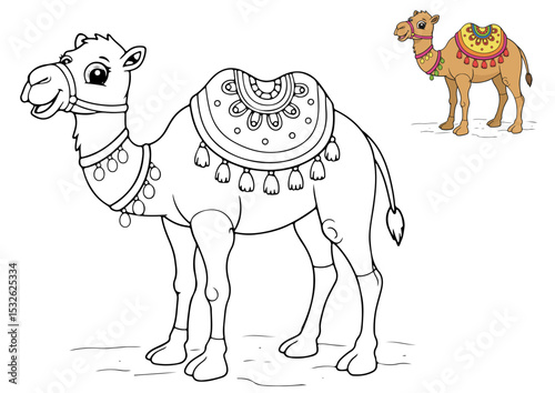 camel cartoon outline line art coloring page for adult childern kids, vector illustration, white background
