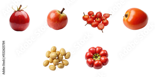 Collection of various fruits including guarana seeds, apples, jujube berries, and ornamental peppers displayed in an isolated arrangement on a transparent background