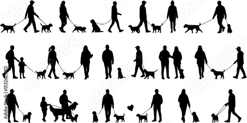 Group people all ages activities with dogs vector silhouette set collection.	
