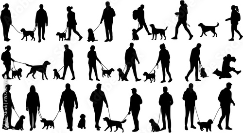 Group people all ages activities with dogs vector silhouette set collection.	
