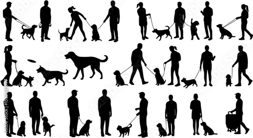 Group people all ages activities with dogs vector silhouette set collection.	
