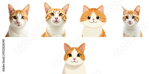 Close up of orange tabby cat face with distinct features alongside illustrated representations of similar orange cats on transparent background