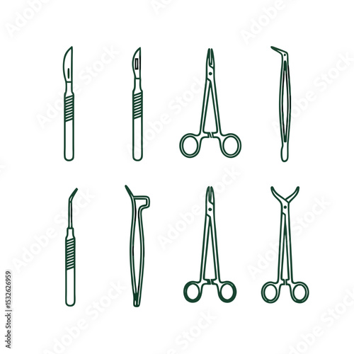 Surgical instruments collection in simple flat design style  