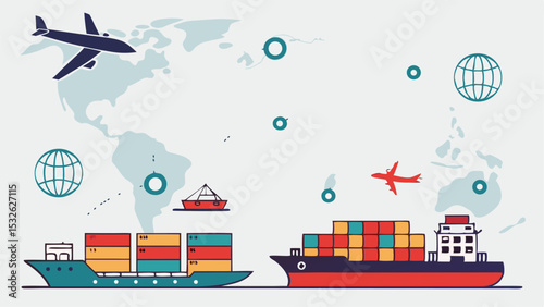 Illustration of global trade with cargo ships airplanes and a world map showcasing transportation