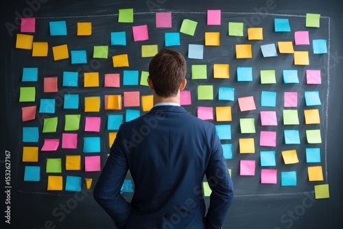 A man in a suit stands in front of a blackboard covered with colorful sticky notes, appearing to plan or organize ideas.