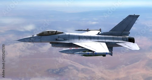 Military Fighter Jet Soaring High Above Desert Terrain. War And Air Force Related 4K 3D Animation.