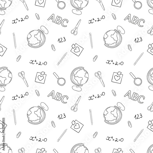 Back to school seamless pattern with black line icons: globe, letters, pencils, and symbols. Great for textile, wallpapers, educational web and packaging designs. Vector illustration