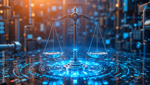 Title: Futuristic Digital Justice Concept with Glowing Scale and Cybersecurity Elements