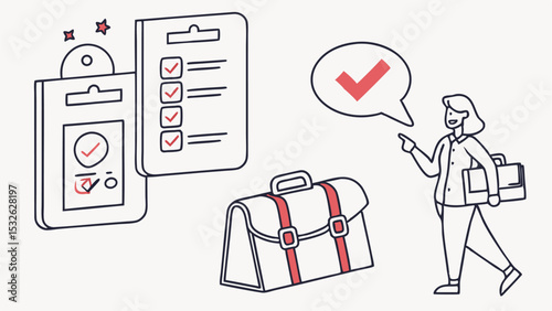 Businesswoman with briefcase pointing to speech bubble with checkmark and checklist on white background