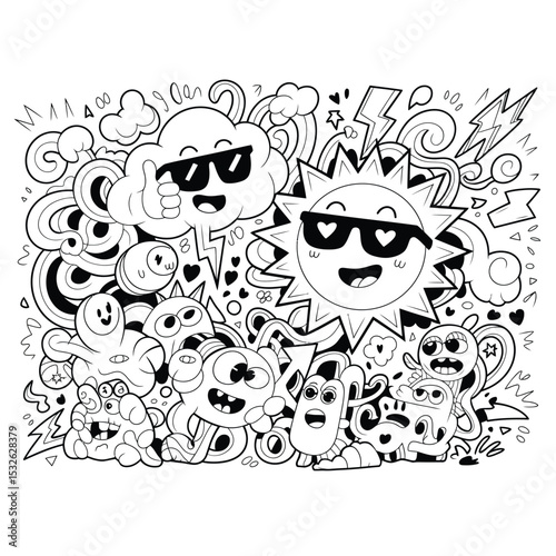 a vibrant and chaotic doodle illustration featuring a cool sun, cloud character, and playful abstract elements