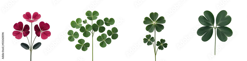 Obraz premium Isolated collection of four clover plants including red clover flowers and various green clover leaf configurations on a transparent background.