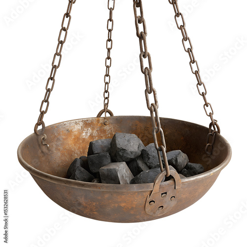 Old, Heavily Rusted Metal Weighing Pan with Chains and Coal on Transparent Background