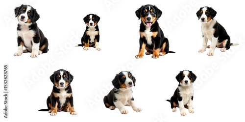 puppy portraits of a large Swiss mountain dog breed in various poses and expressions isolated on a transparent background showcasing their playful and adorable nature photo