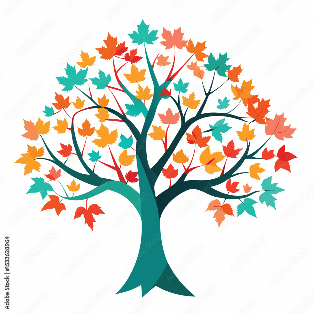 Obraz premium Colorful stylized tree illustration with vibrant autumn leaves isolated on a white background