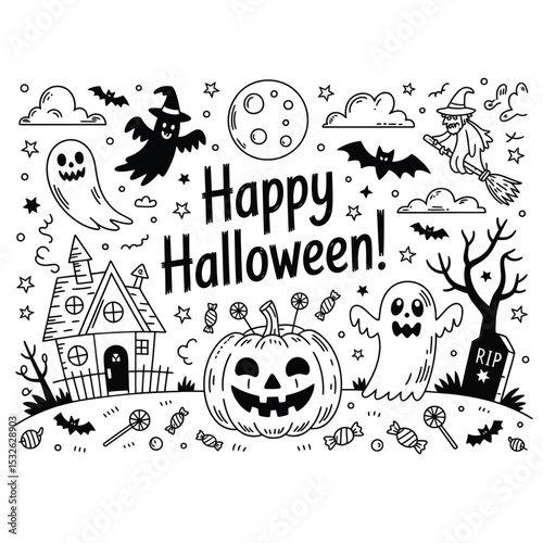 a whimsical black and white doodle-style halloween scene with jack-o'-lantern, ghost, witch, and spooky elements