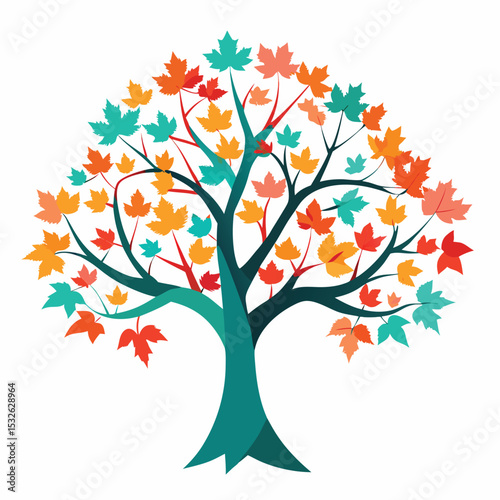 Colorful stylized tree illustration with vibrant autumn leaves isolated on a white background