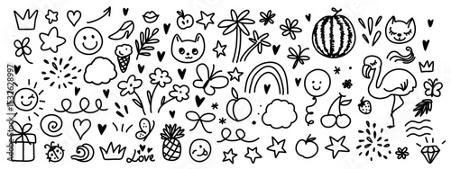 A collection of playful doodles in black and white. Features various cute icons like animals, fruits, and nature elements. Perfect for creative projects and design.