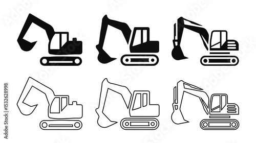 Excavator and Construction Equipment Icons Set - Heavy Machinery and outline illustration