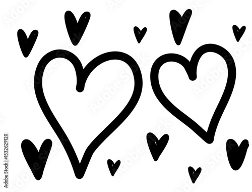 Black and white illustration of hand drawn hearts. Different sizes create a playful and romantic feel. Ideal for Valentines Day or lovethemed projects.