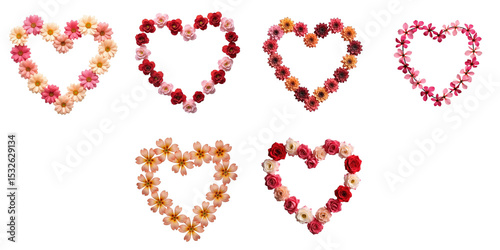 six ornate heart shapes composed of various flowers including daisies and roses arranged on a transparent background with a dark contrasting backdrop photo