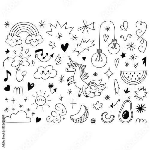 a whimsical collection of eclectic black and white doodle icons arranged in a playful and spontaneous composition