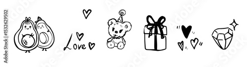 Charming doodles in black and white. Includes avocados, teddy bear, gift, hearts, and gem. Perfect for romantic or playful themes in design projects.