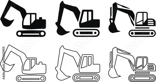 Excavator and Construction Equipment Icons Set - Heavy Machinery and outline vector illustration