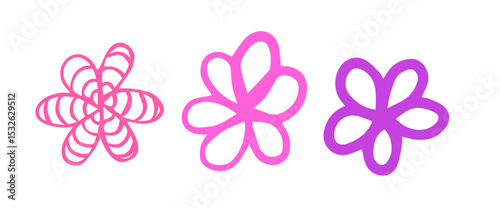 Bright abstract flower shapes in pink and purple hues. Each design showcases unique petal arrangements. Ideal for modern decor or graphic design projects.
