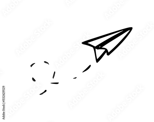 Minimalist black and white sketch of a paper plane. The planes dashed trail suggests motion and creativity. Ideal for representing innovation and freedom.